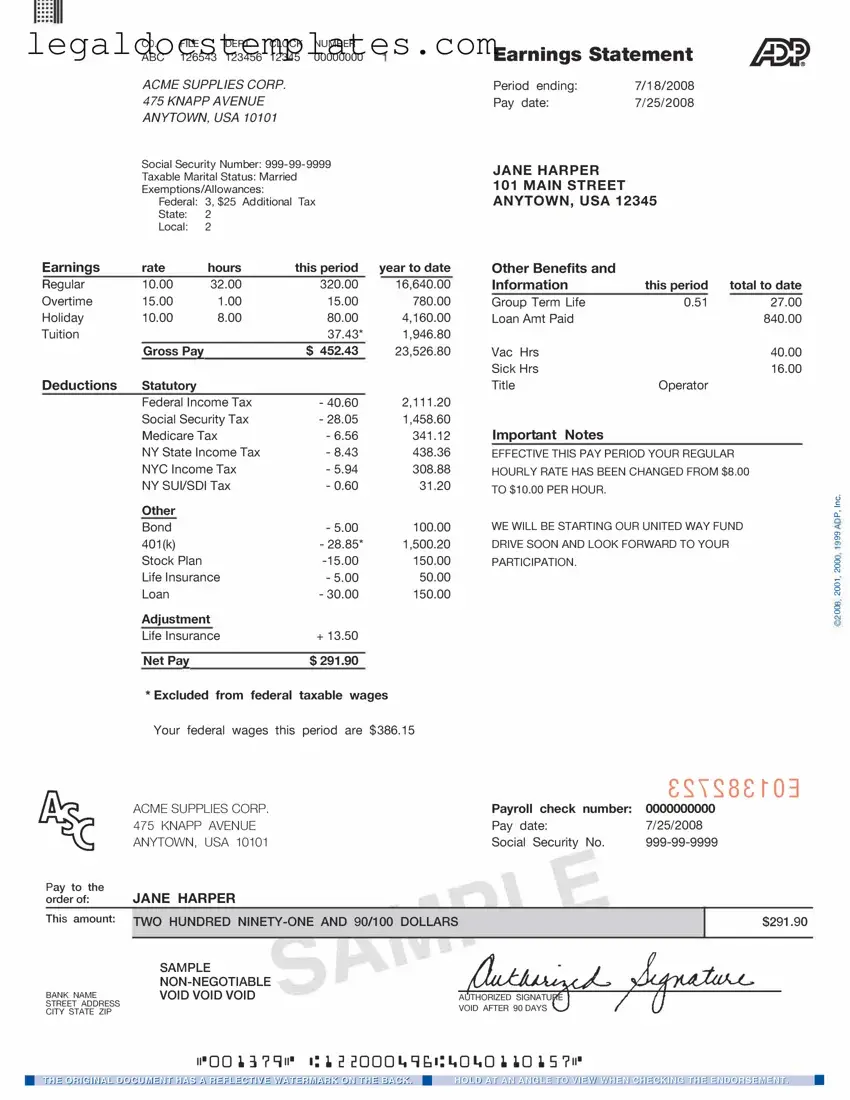 Fill Out Your Adp Pay Stub Template