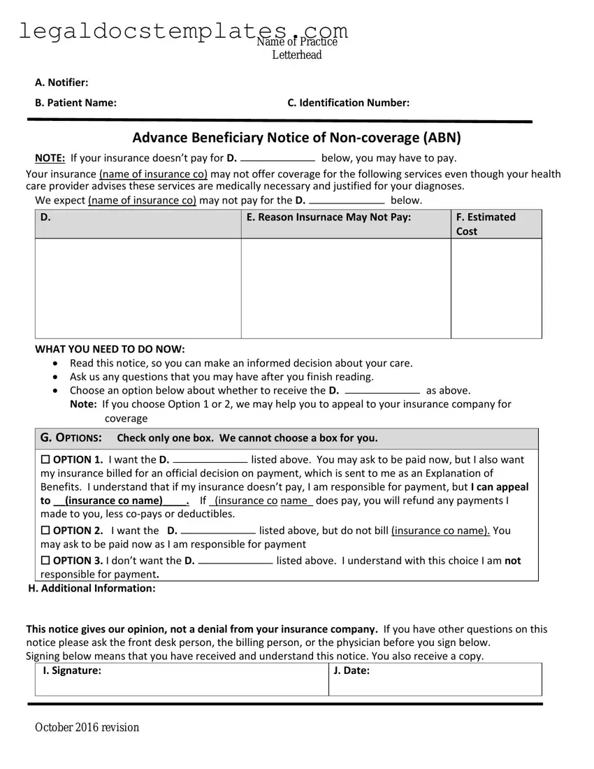 Fill Out Your Advance Beneficiary Notice of Non-coverage Template