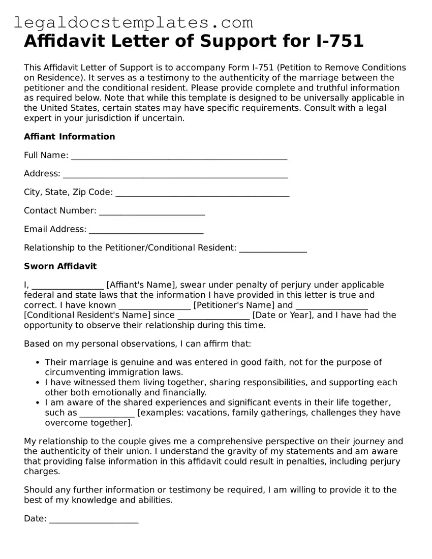 Printable Affidavit Letter of Support for I-751 Template