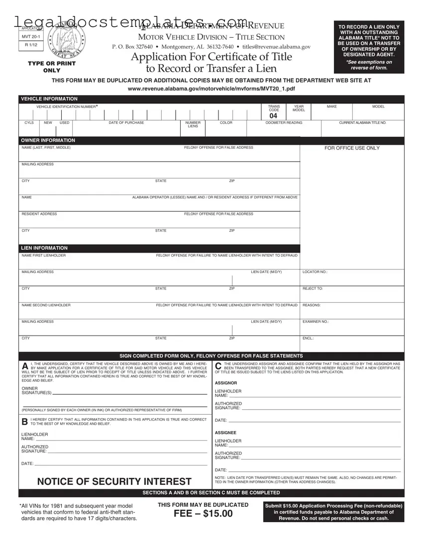 Fill Out Your Alabama Mvt 20 1 Template