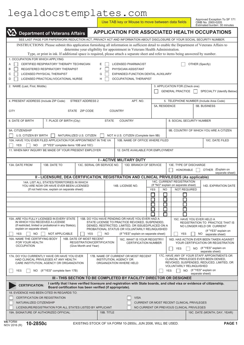 Fill Out Your VA 10-2850c Template
