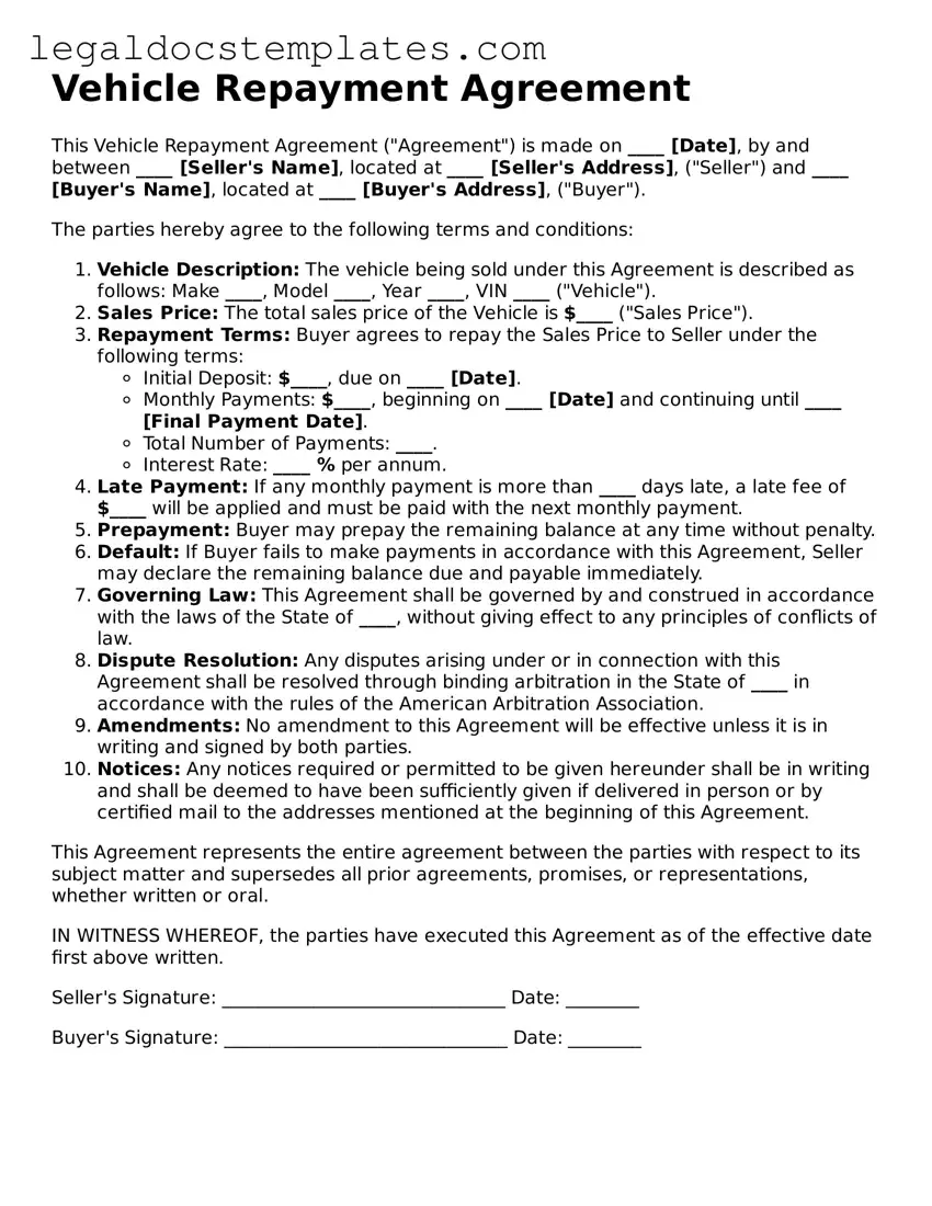 Printable Vehicle Repayment Agreement Template