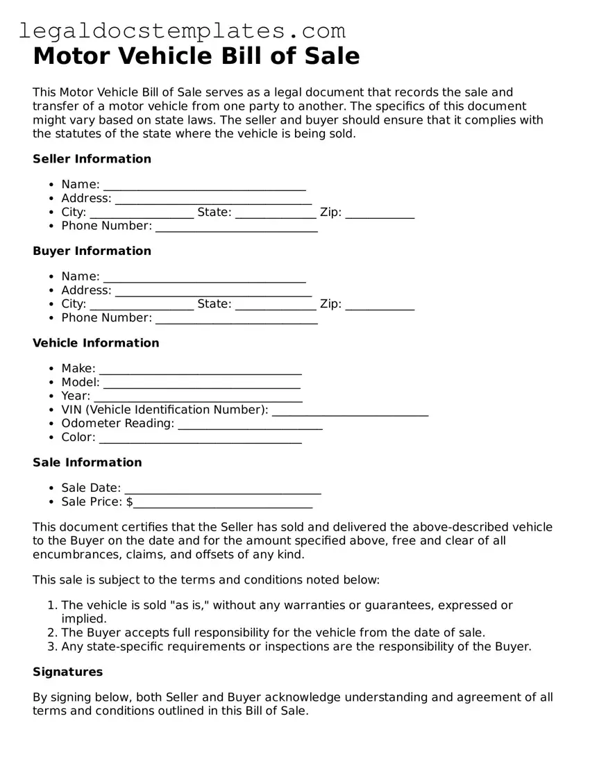 Printable Motor Vehicle Bill of Sale Template