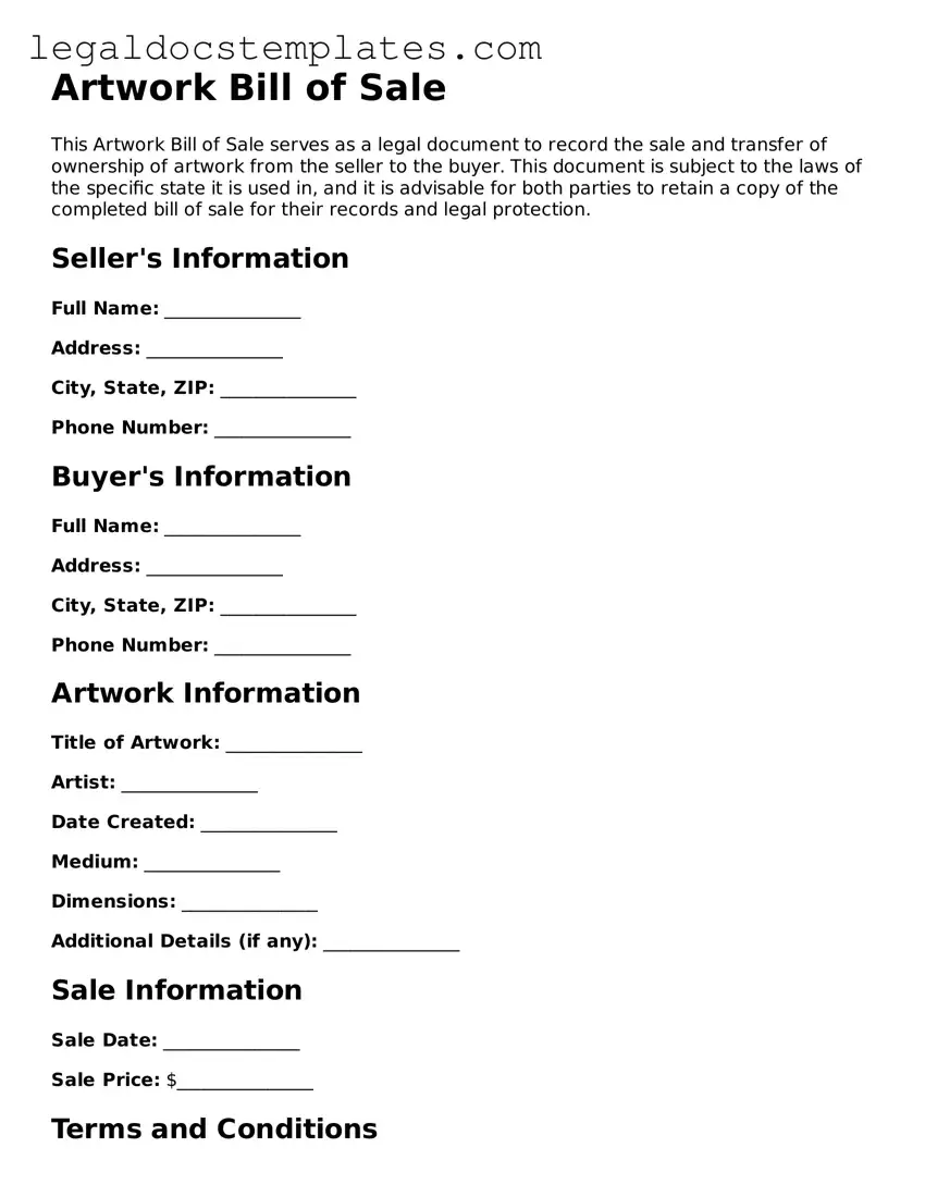 Printable Artwork Bill of Sale Template