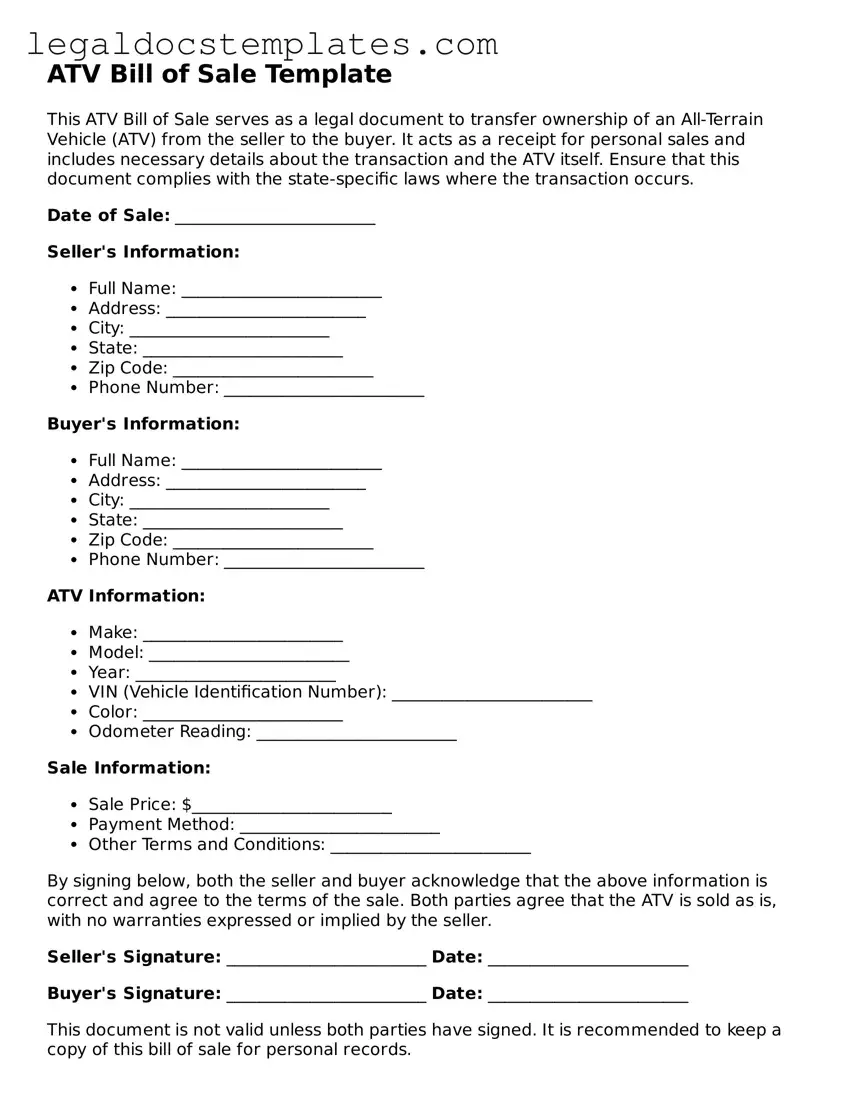 Printable ATV Bill of Sale Template
