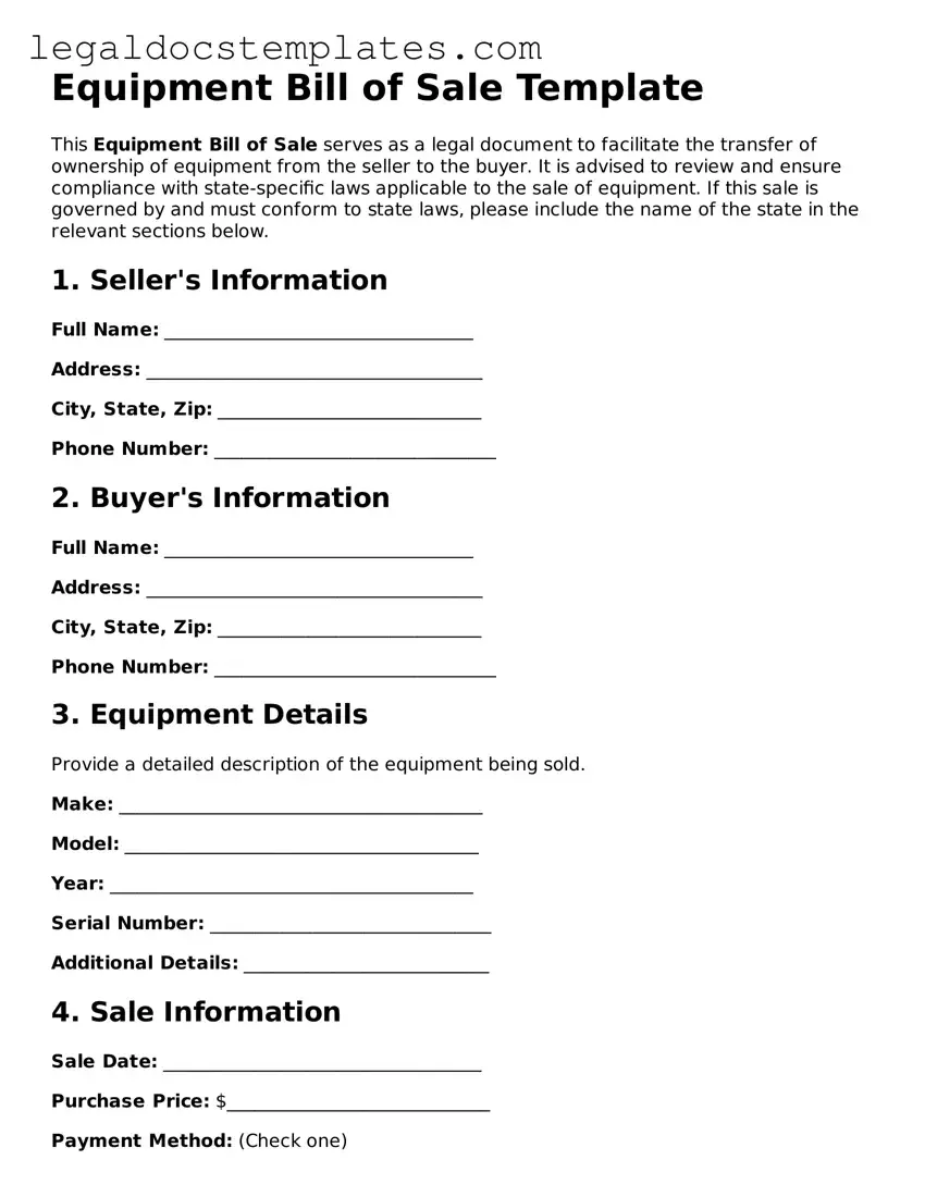Printable Equipment Bill of Sale Template