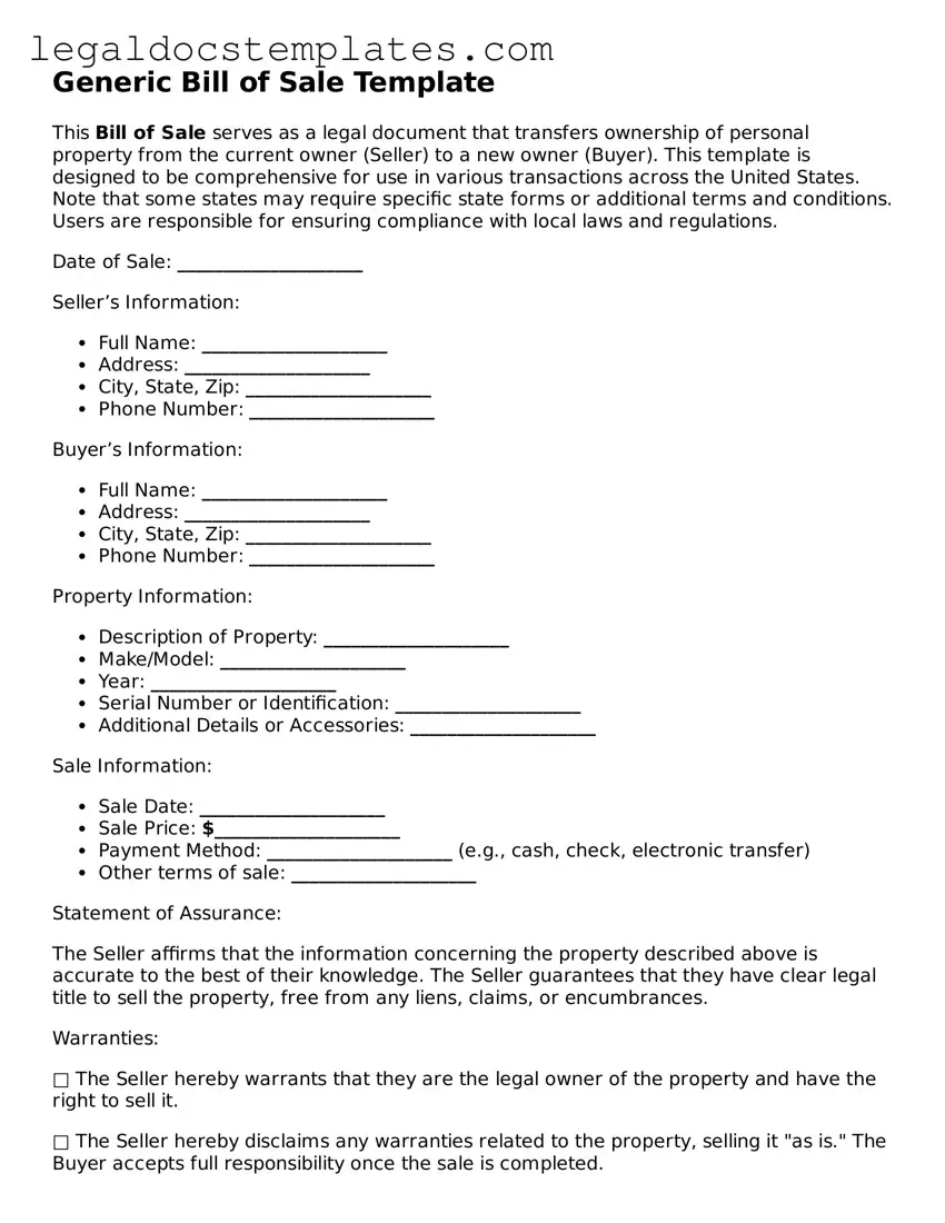 Printable Bill of Sale Template