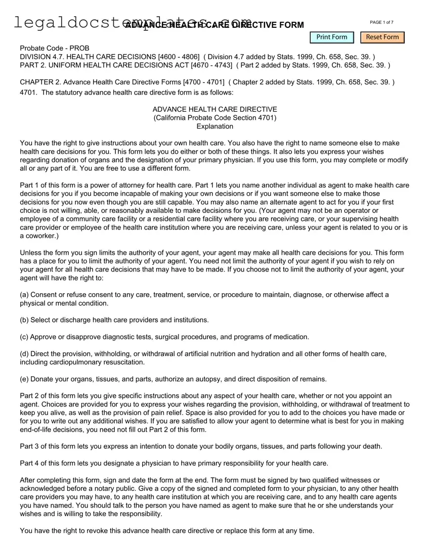 Fill Out Your California Advanced Health Care Directive Template
