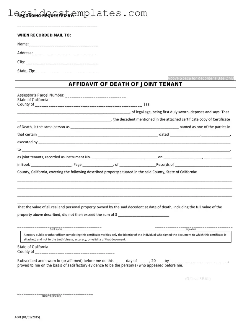 Fill Out Your California Death of a Joint Tenant Affidavit Template