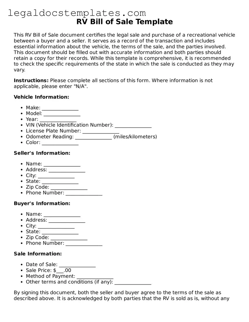 Printable RV Bill of Sale Template
