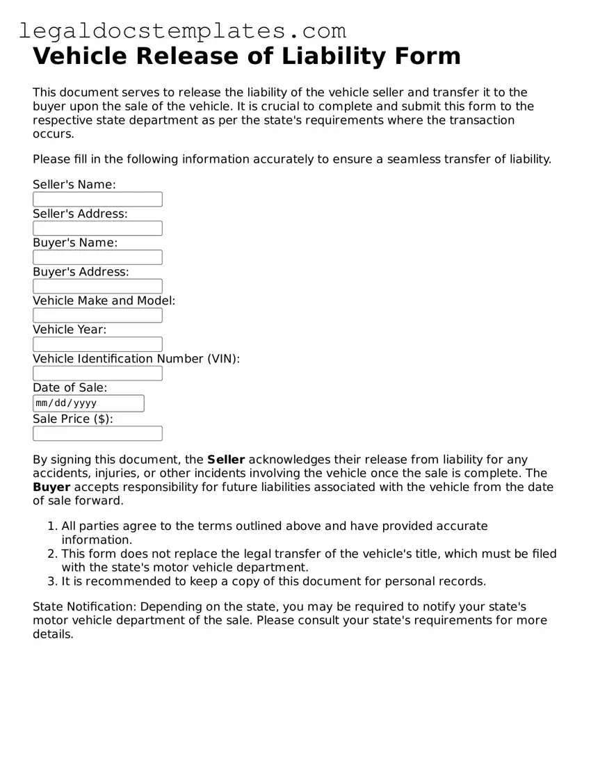Printable Vehicle Release of Liability Template