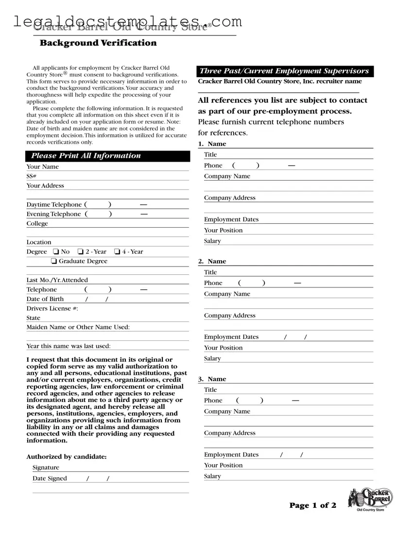 Fill Out Your Cracker Barrel Background Check Template