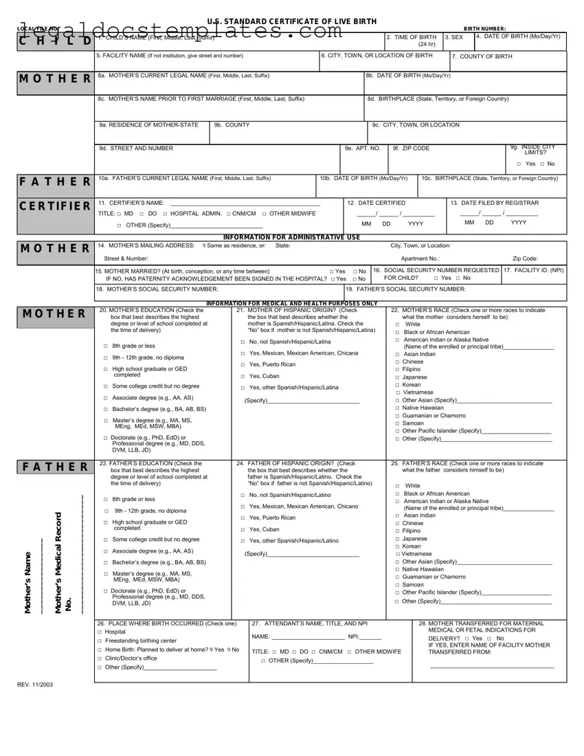 Fill Out Your CDC U.S. Standard Certificate of Live Birth Template