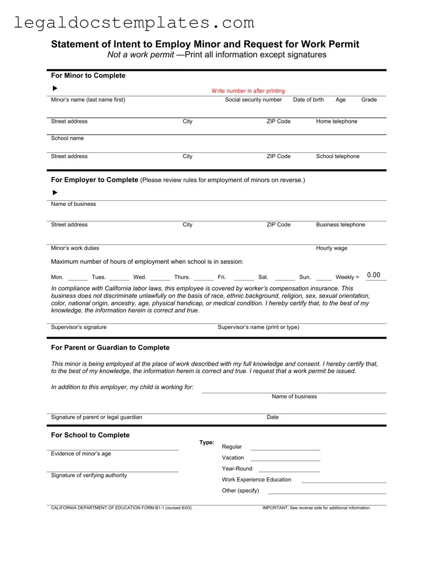 Fill Out Your Statement of Intent to Employ Minor and Request for Work Permit Template