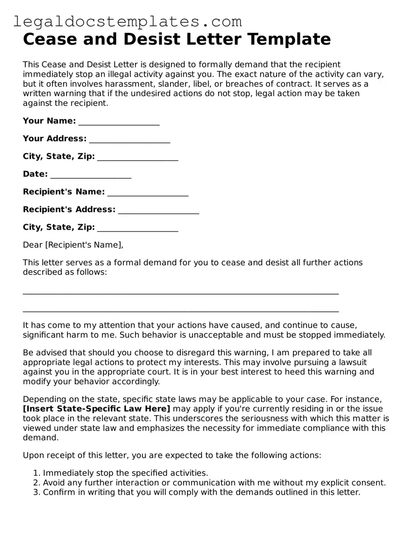 Printable Cease and Desist Letter Template