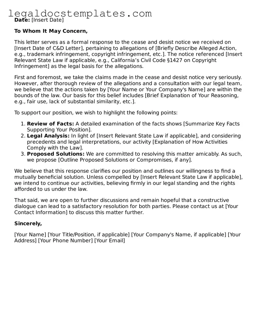 Printable Response to a Cease and Desist Letter Template