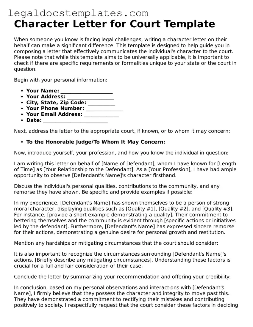 Printable Character Letter for Court Template