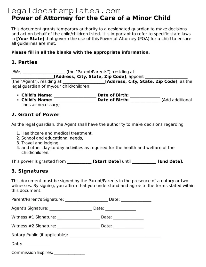 Printable Power of Attorney for a Child Template