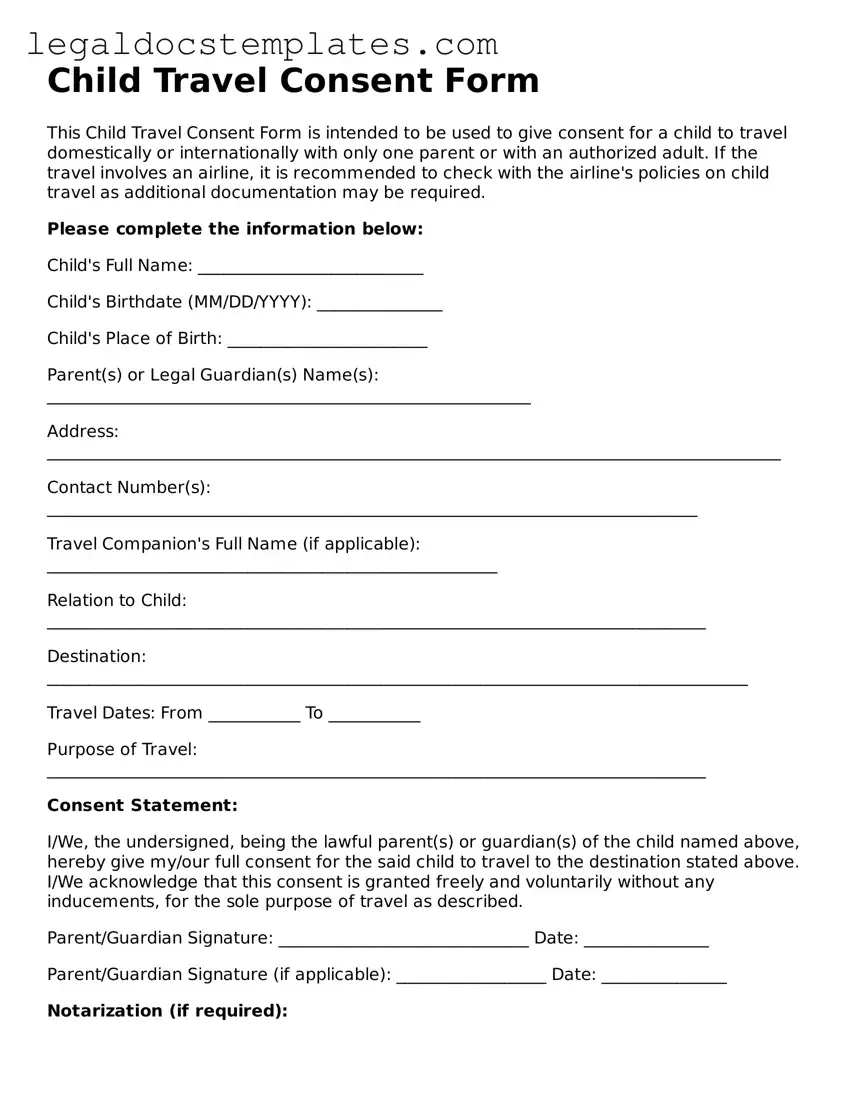 Printable Child Travel Consent Form Template