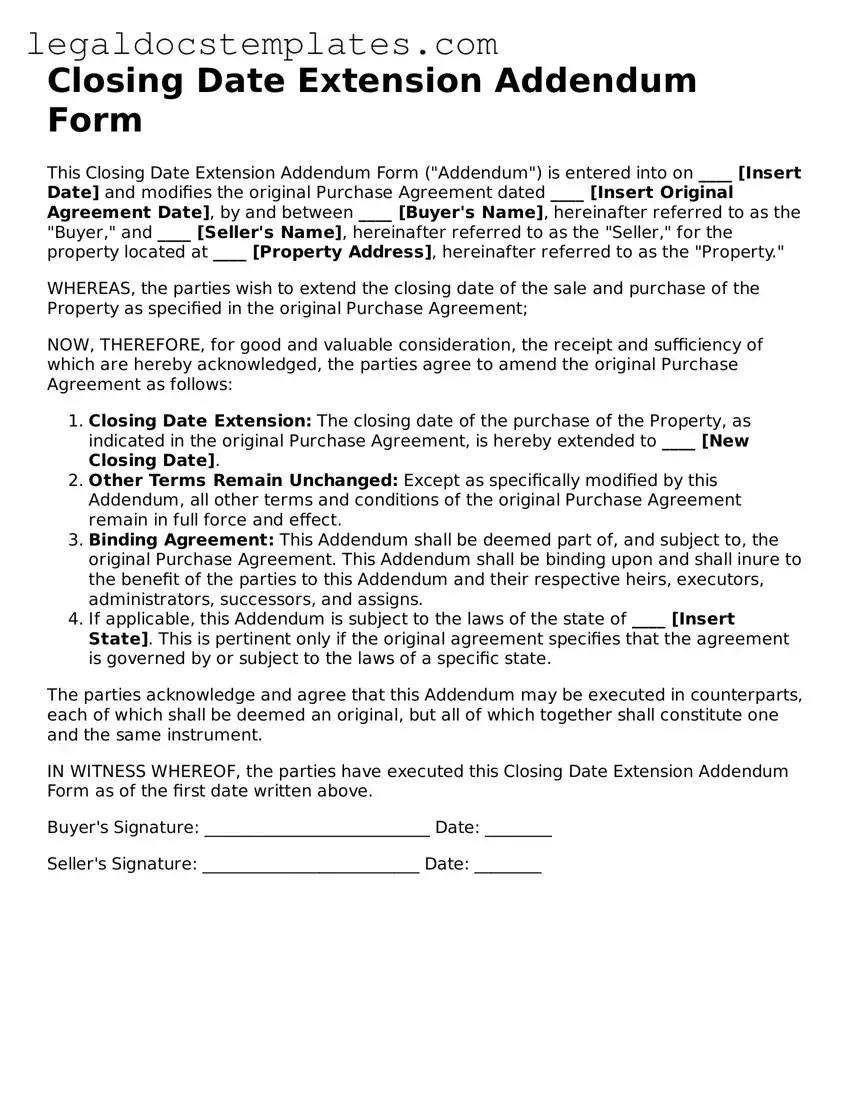 Printable Closing Date Extension Addendum Form Template