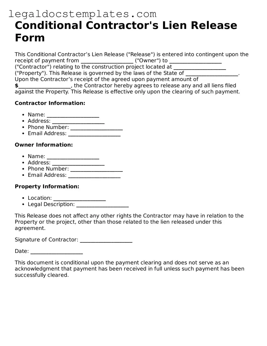 Printable Conditional Contractor’s Lien Release Template