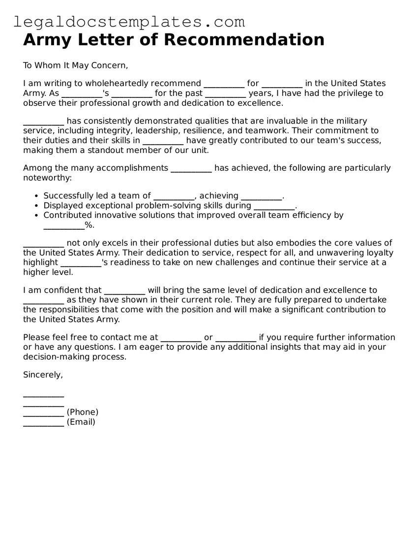 Printable Army Letter of Recommendation Template