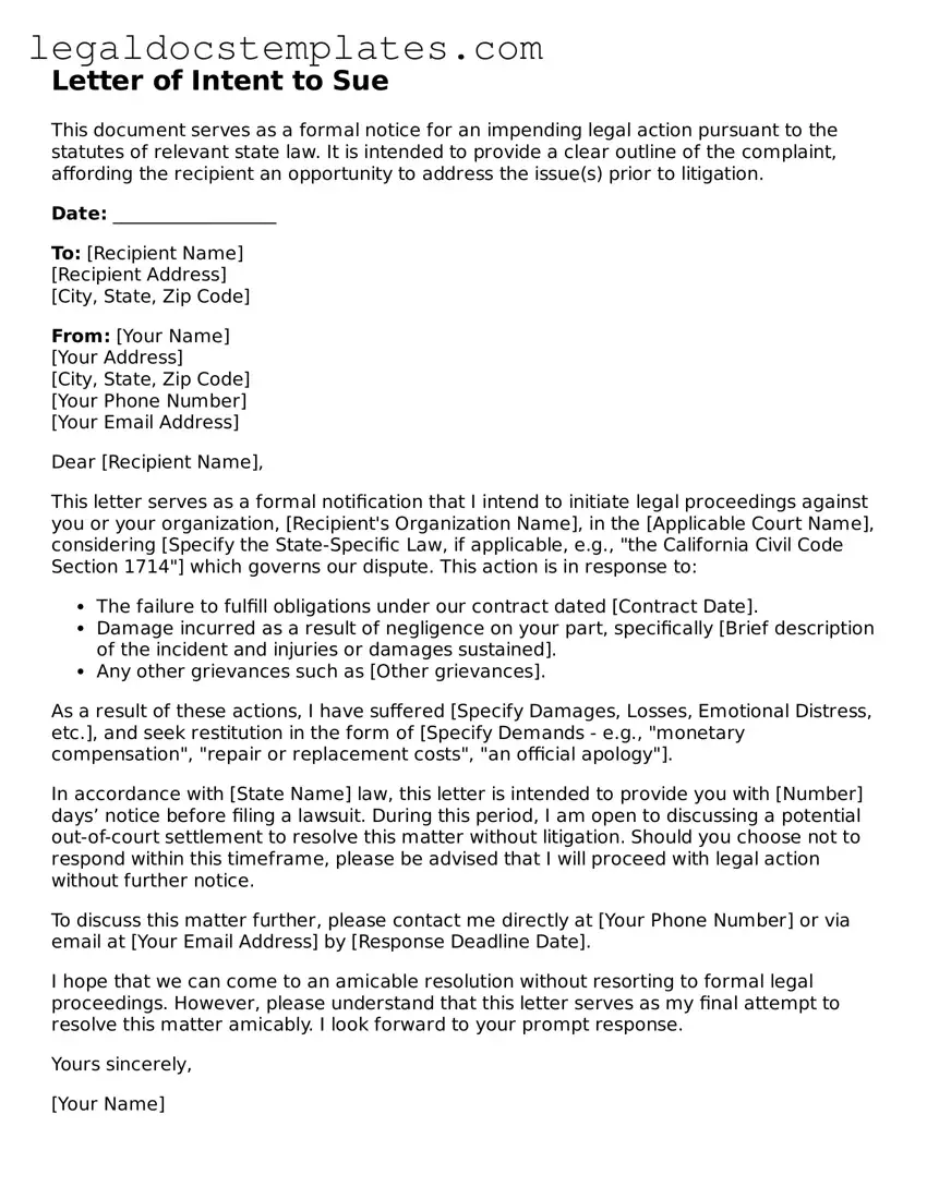 Printable Letter of Intent to Sue Template