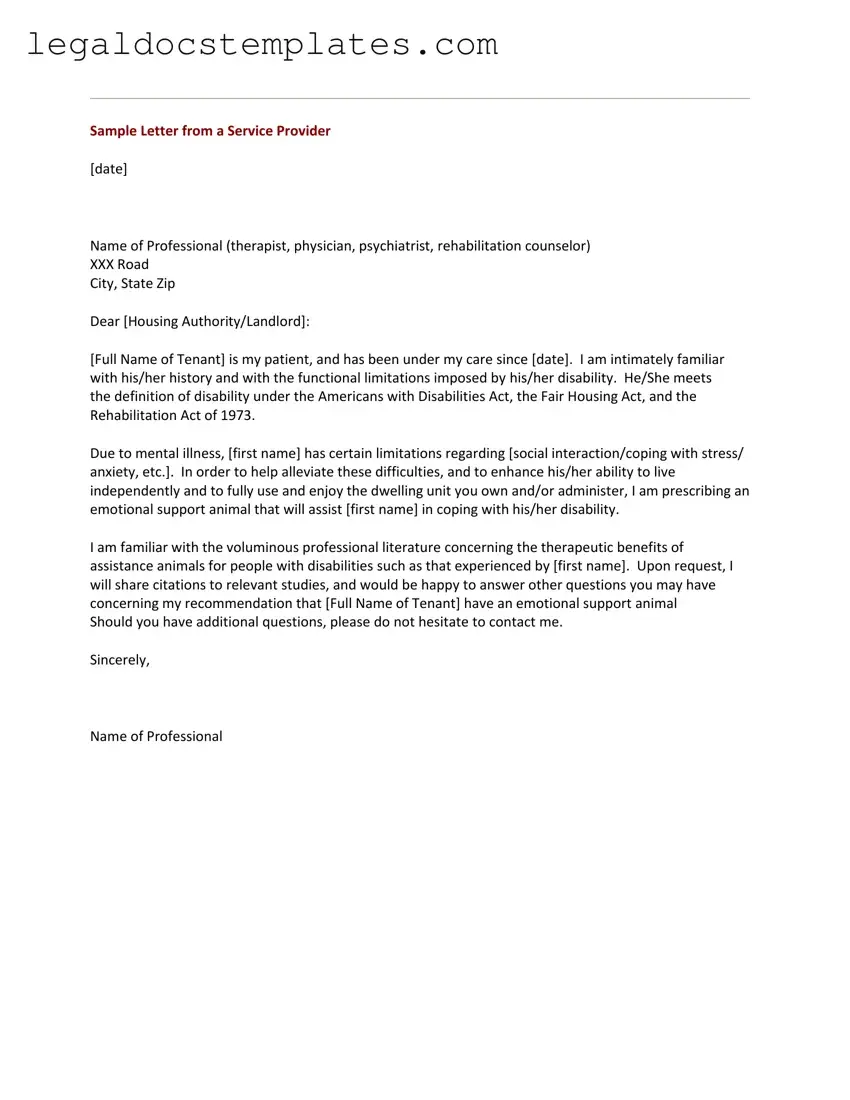Fill Out Your Emotional Support Animal Letter Template