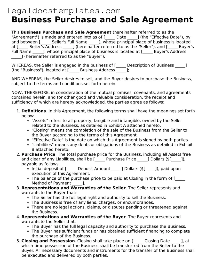Printable Business Purchase and Sale Agreement Template