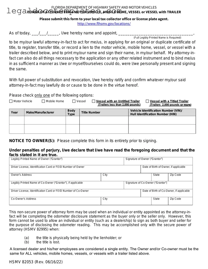 Fill Out Your Florida Vehicle POA form 82053 Template