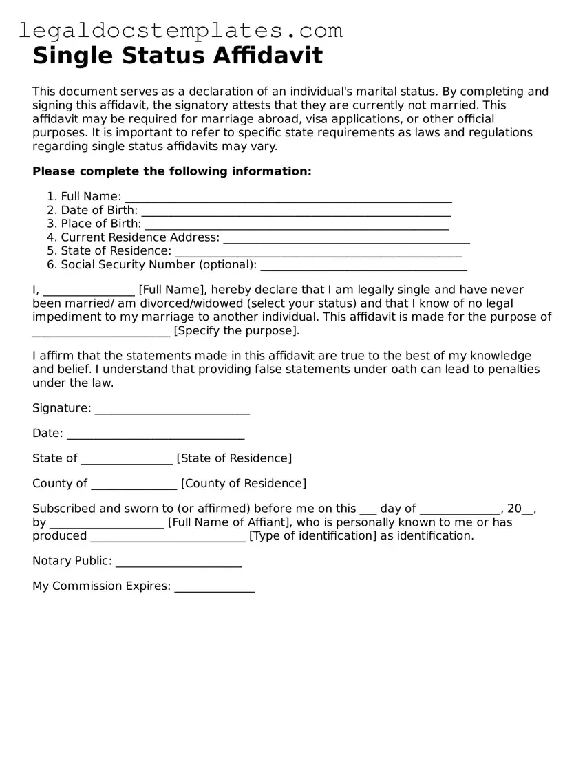 Printable Single Status Affidavit Template