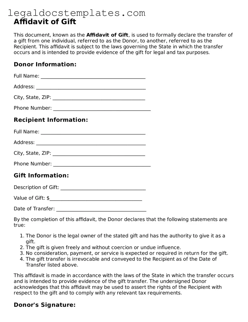 Printable Affidavit of Gift Template