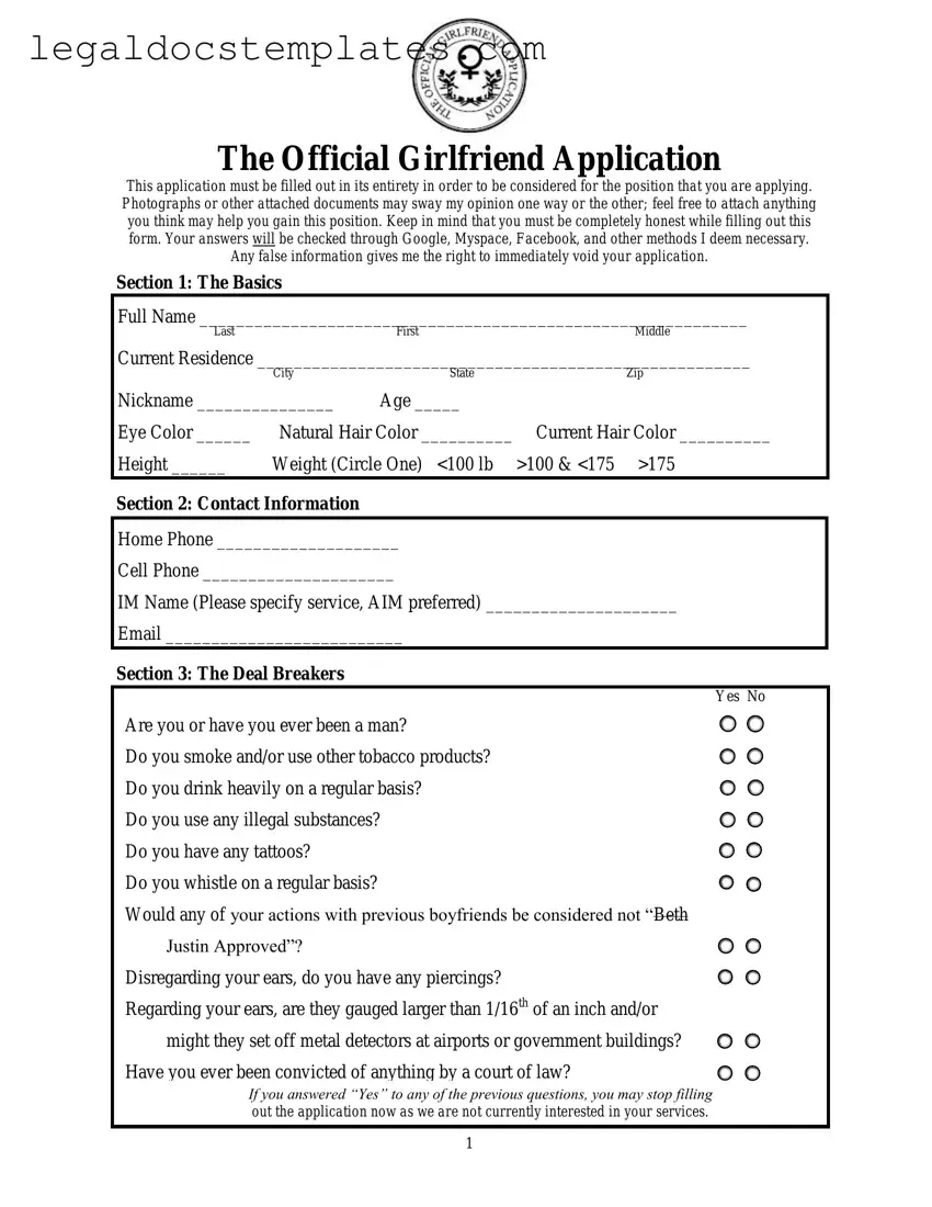 Fill Out Your Girlfriend Application Template