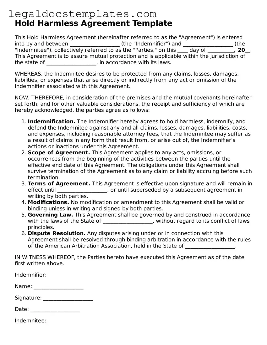 Printable Hold Harmless Agreement Template