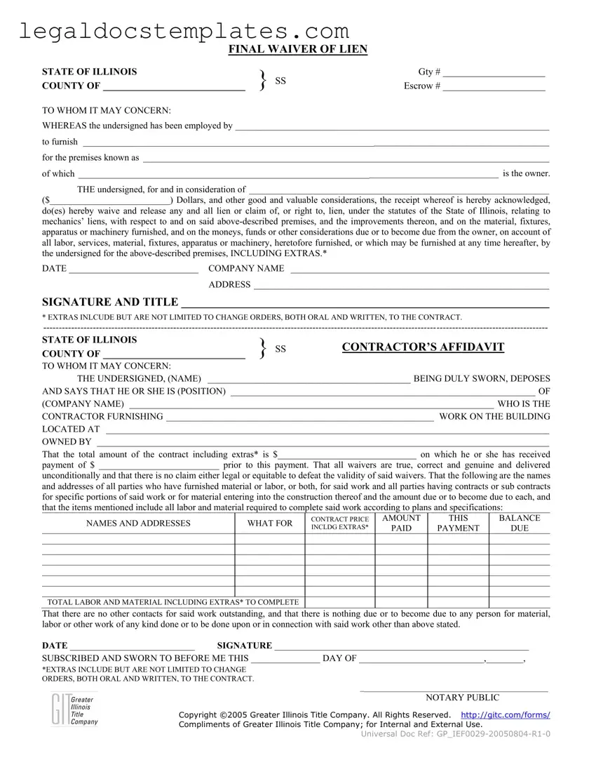 Fill Out Your Illinois Final Waiver Of Lien Template