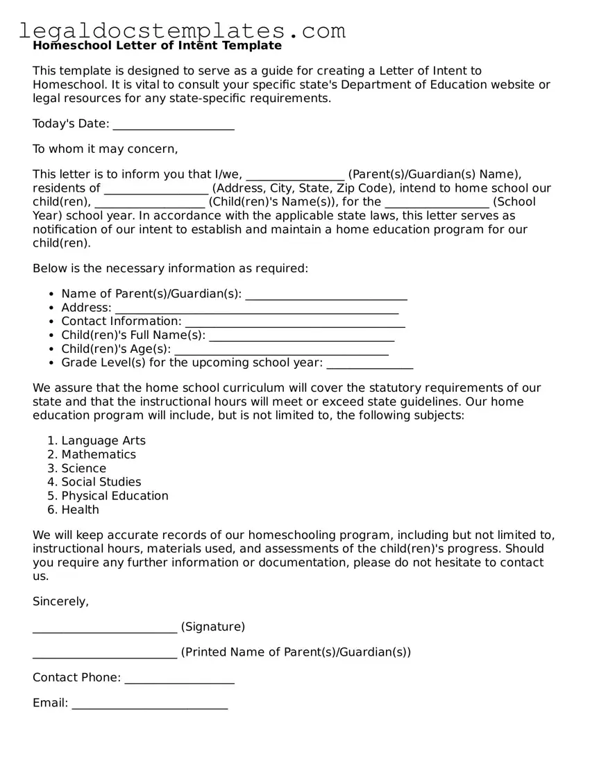 Printable Homeschool Letter of Intent Template