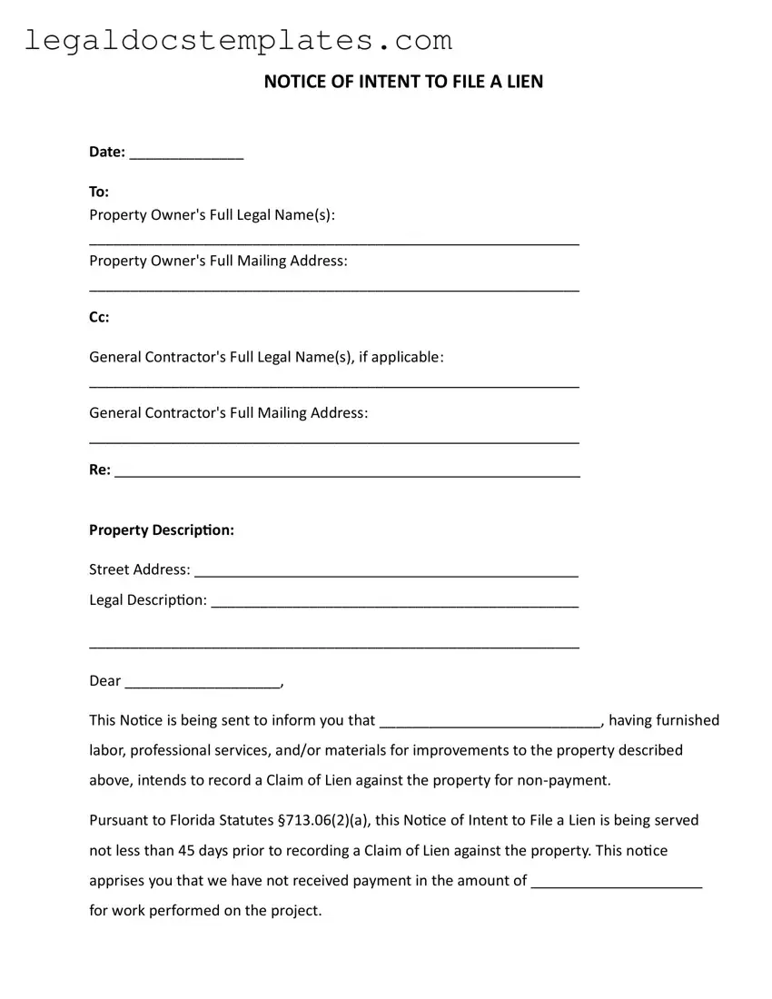 Fill Out Your Intent To Lien Florida Template