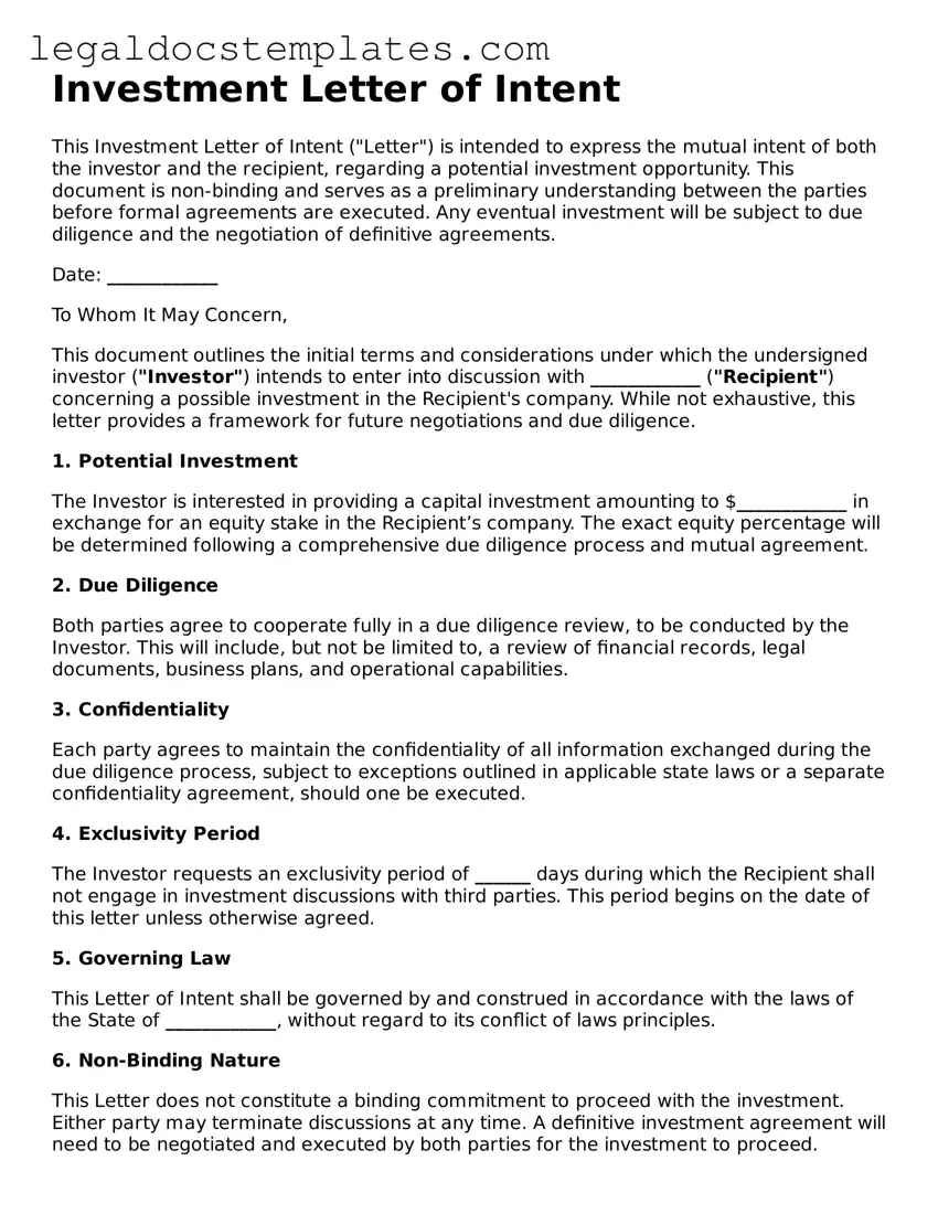 Printable Investment Letter of Intent Template