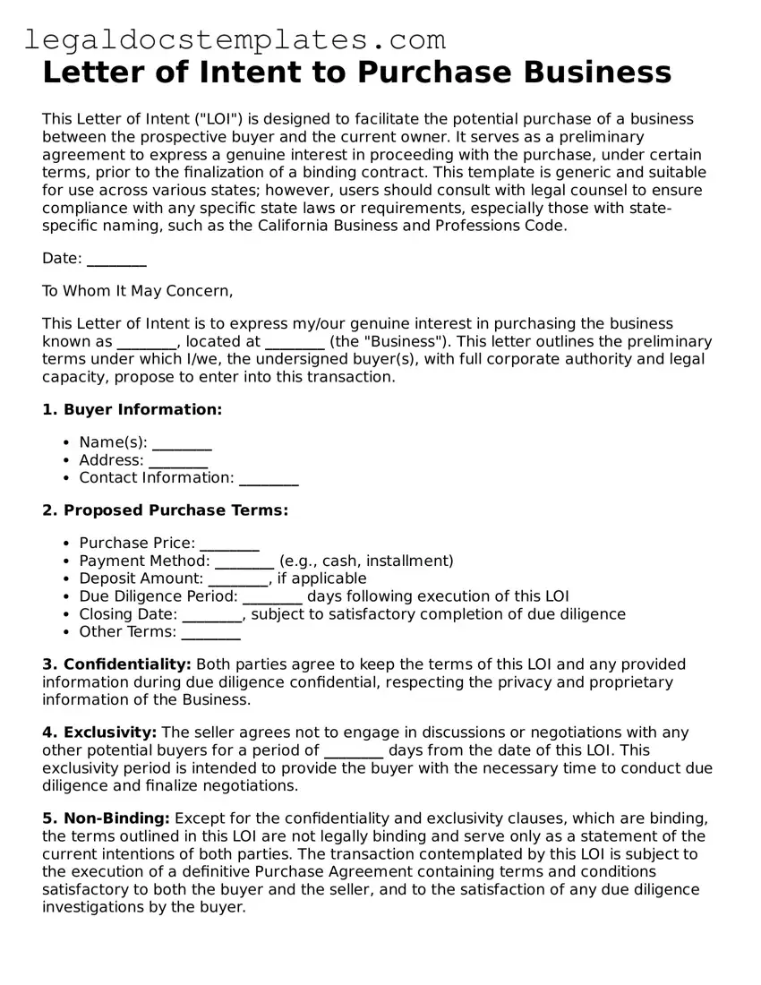 Printable Letter of Intent to Purchase Business Template