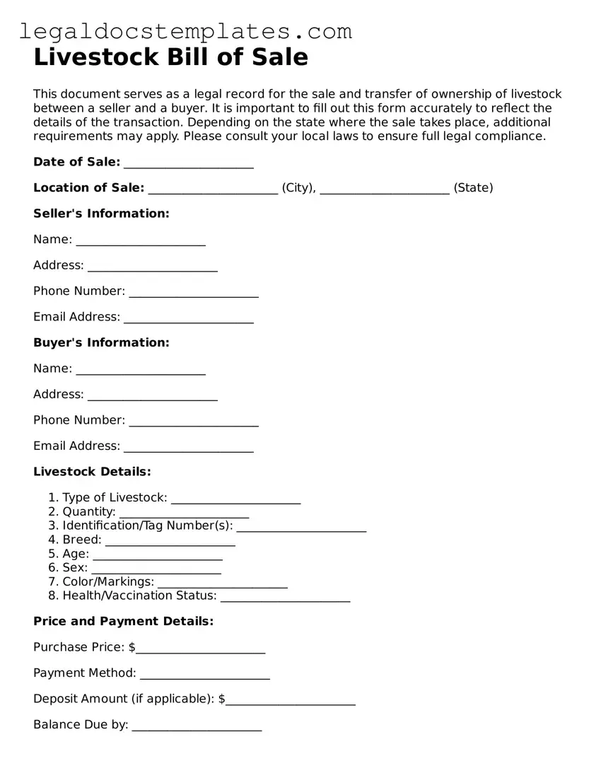 Printable Livestock Bill of Sale Template