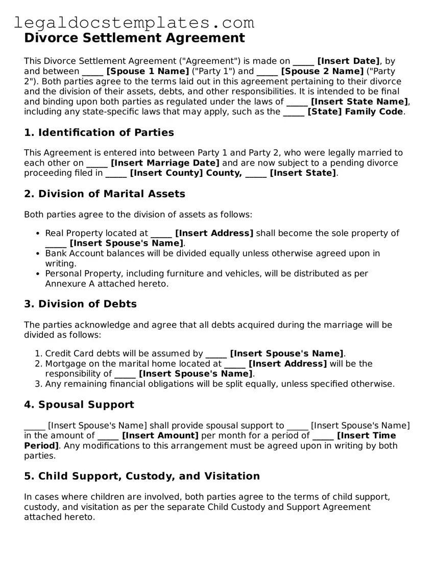 Printable Divorce Settlement Agreement Template