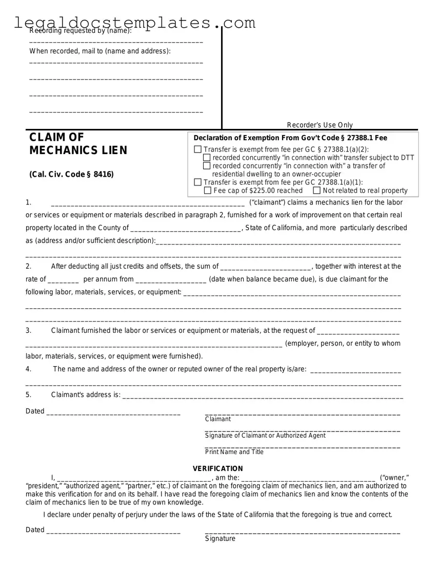 Fill Out Your Mechanics Lien California Template