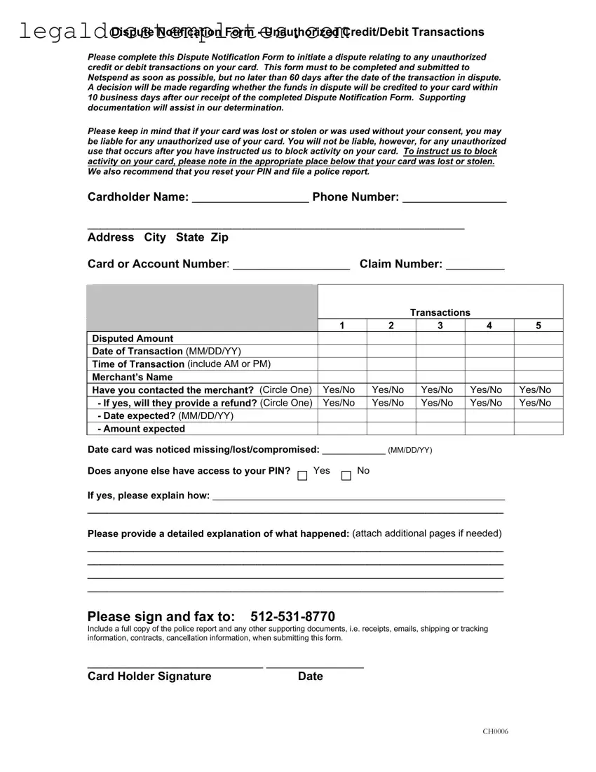 Fill Out Your Netspend Dispute Template