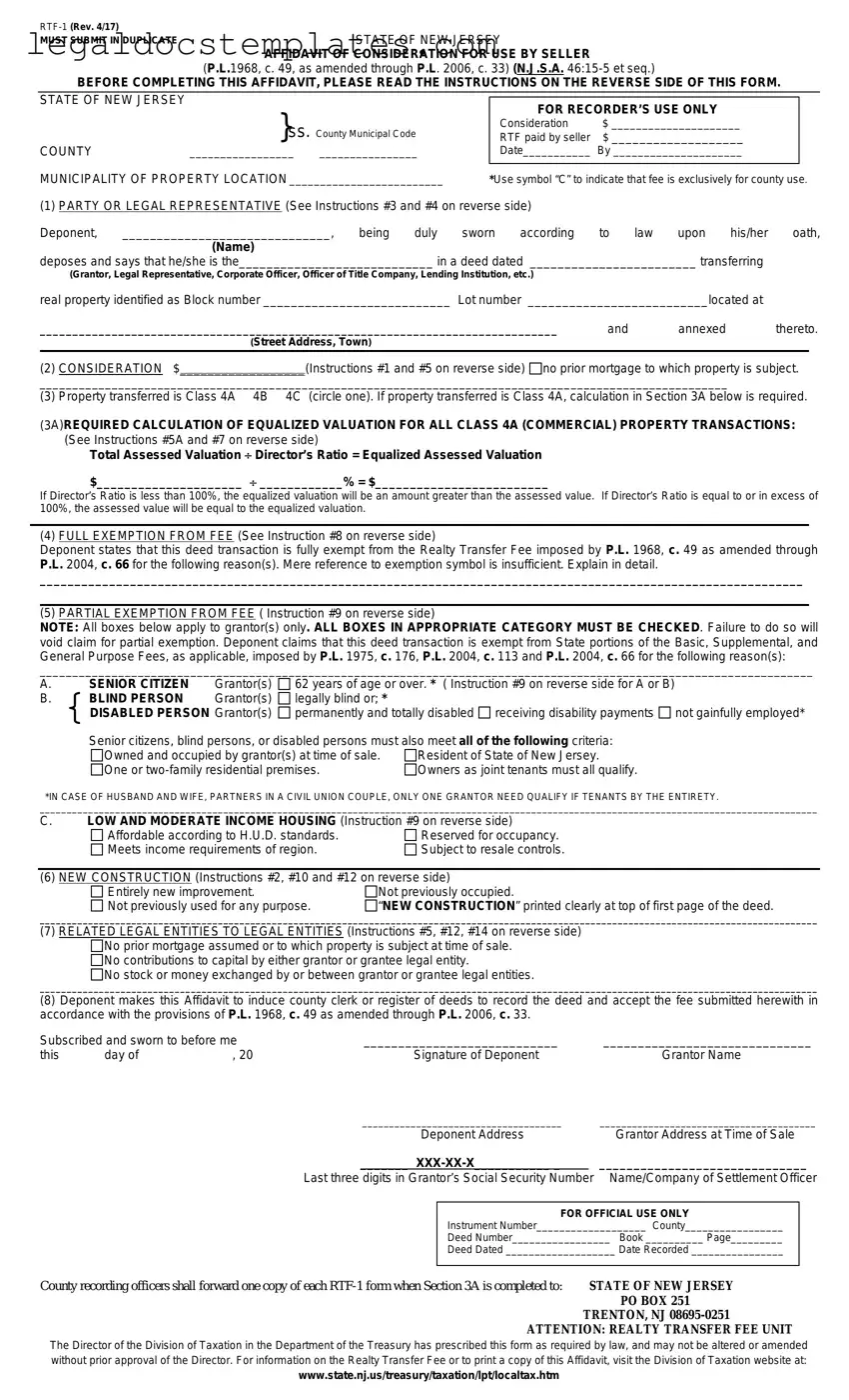 Fill Out Your New Jersey Affidavit of Consideration RTF-1 Template