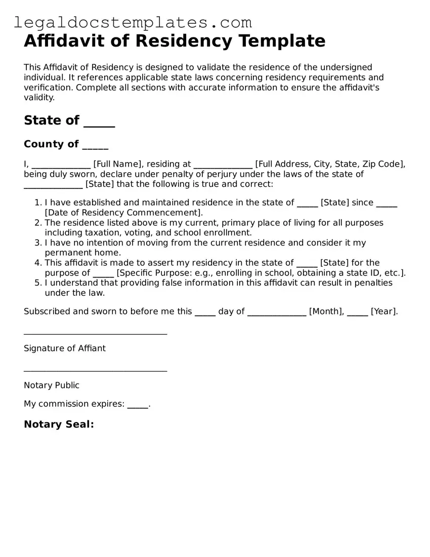 Printable Affidavit of Residency Template