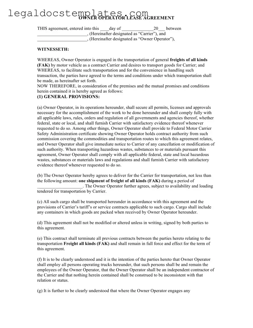 Fill Out Your Owner Operator Lease Agreement Template