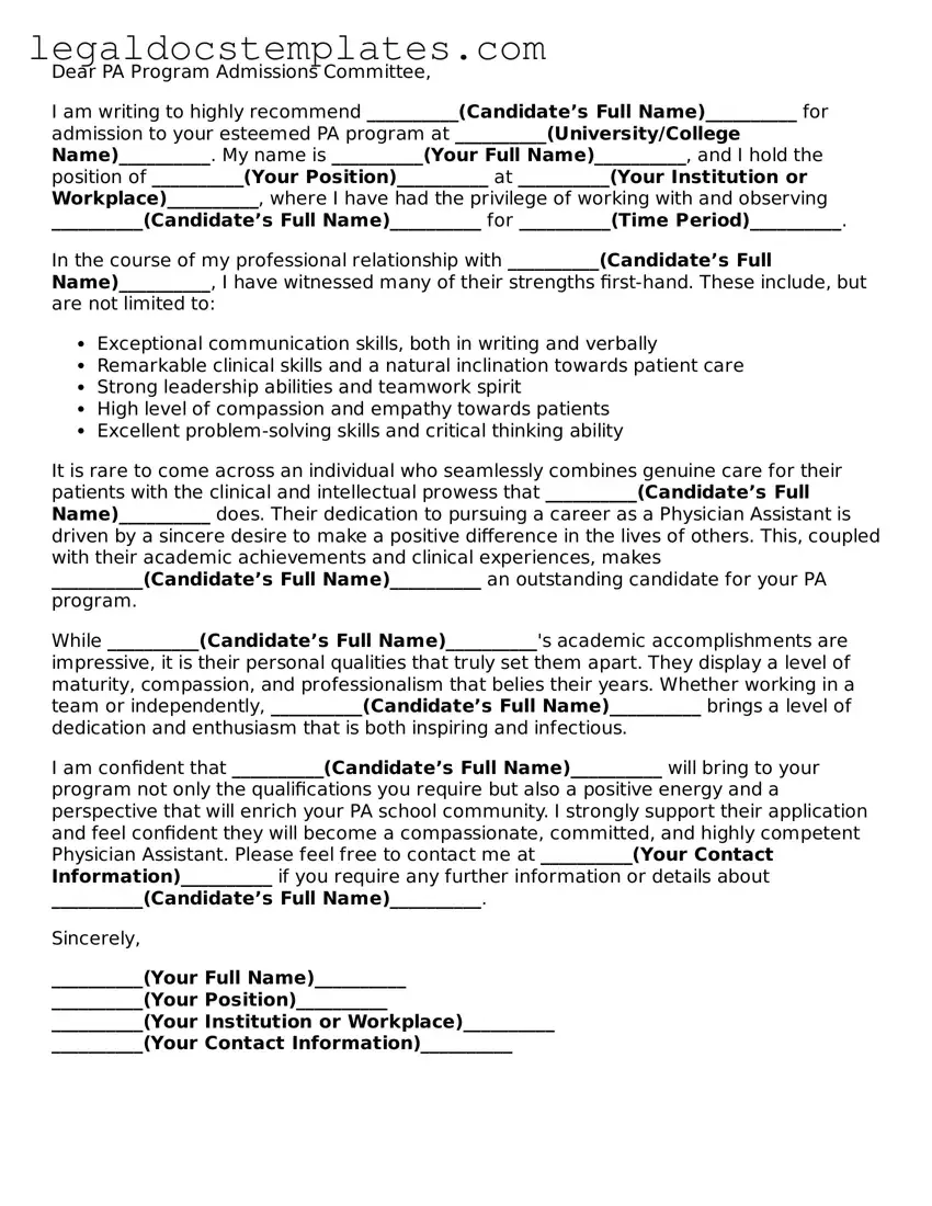 Printable PA School Letter of Recommendation Template