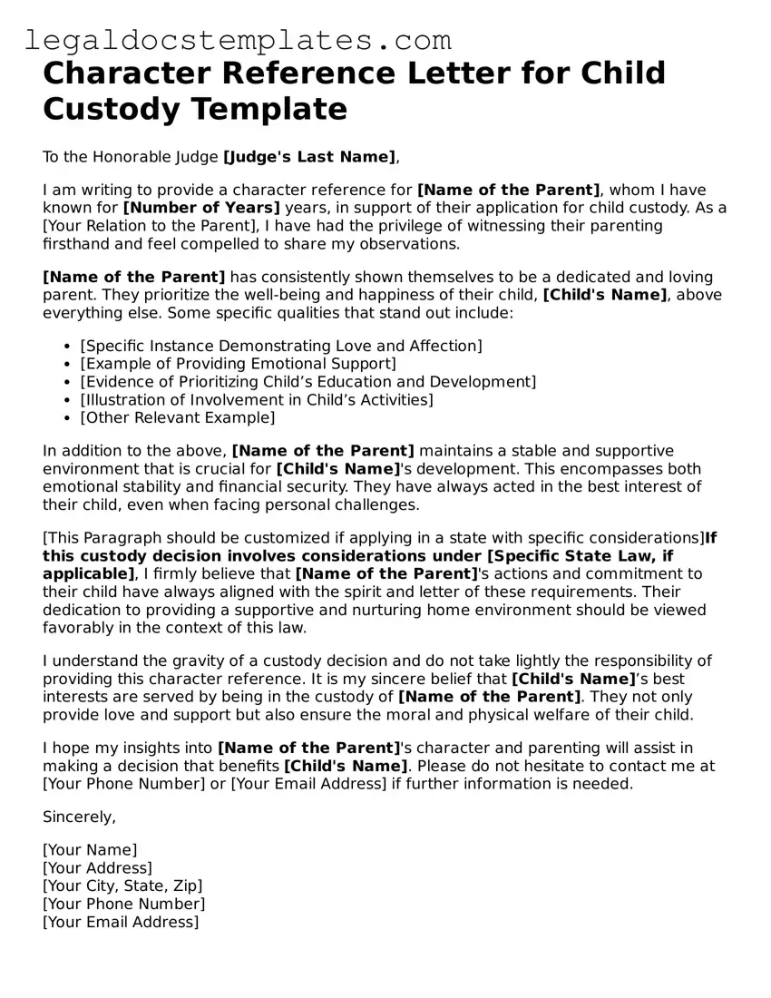 Printable Character Reference Letter for Child Custody Template