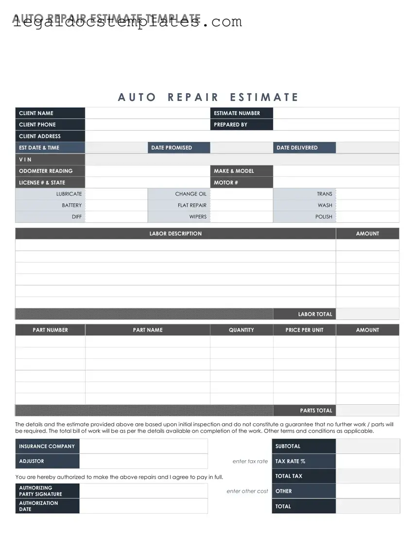 Fill Out Your Auto Repair Estimate Template