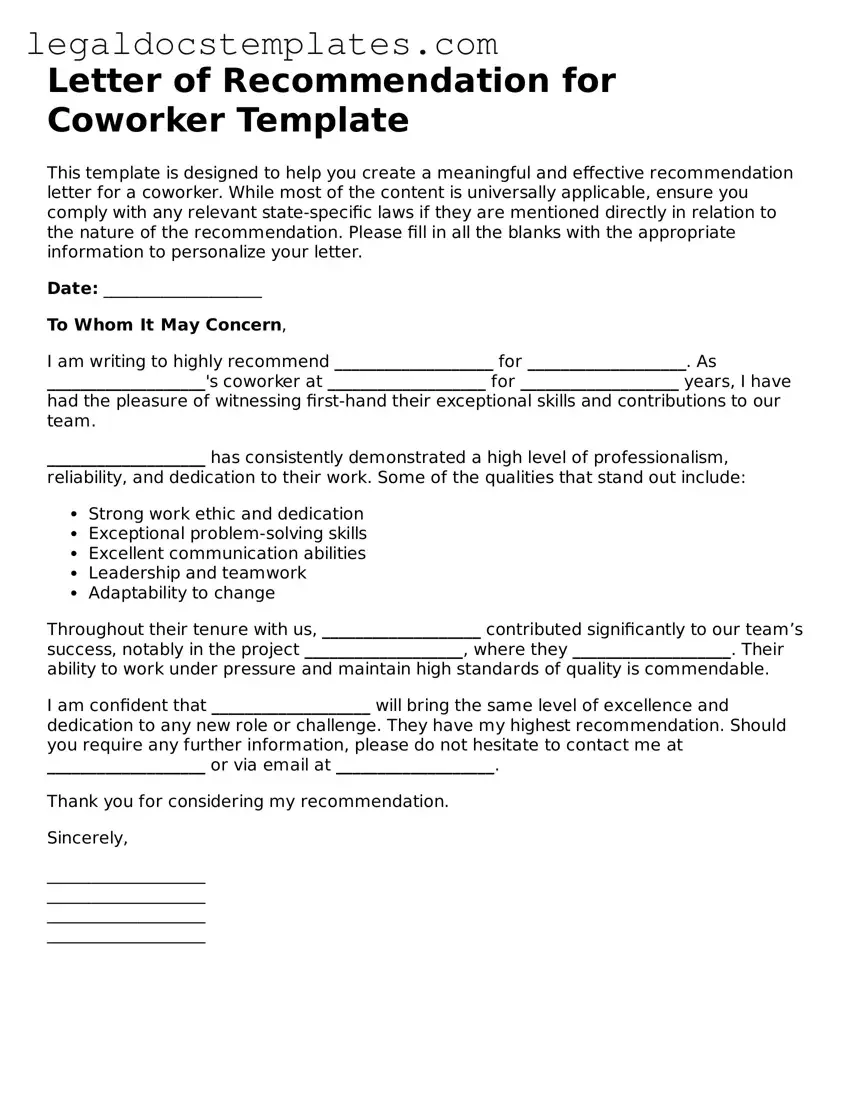 Printable Letter of Recommendation for Coworker Template